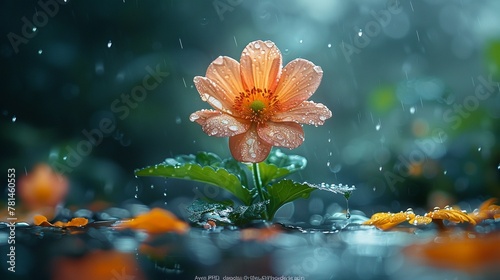 Capture the vulnerability of nature in a realistic photo of a delicate flower blooming in a harsh environment its petals battered by wind and rain. 