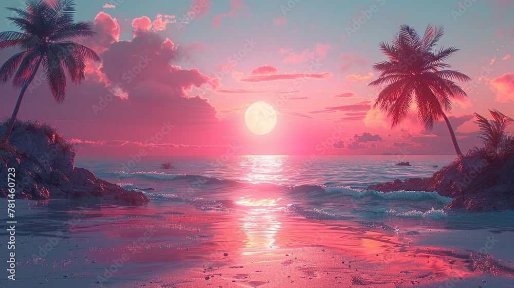 Dive into the nostalgia of a vaporwave-inspired beach scene where palm trees sway in the breeze and pastel-colored sunsets cast a dreamy glow over the sand and surf.  - obrazy, fototapety, plakaty 