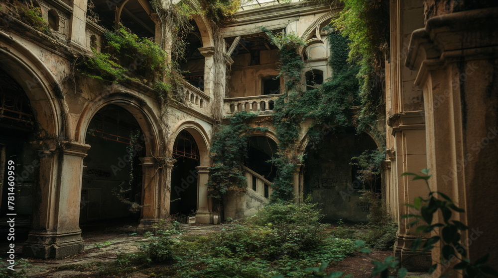 Abandoned palace castle overgrown with vegetation, ivy and vines. Building is captured by nature and vegetation