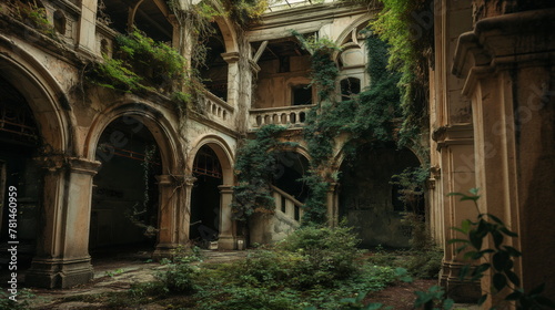 Abandoned palace castle overgrown with vegetation, ivy and vines. Building is captured by nature and vegetation