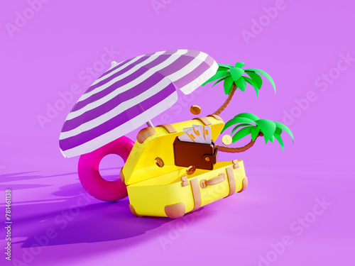 Travel budget concept. Yellow luggage with beach accessories and wallet on purple background. 3D Rendering, 3D Illustration