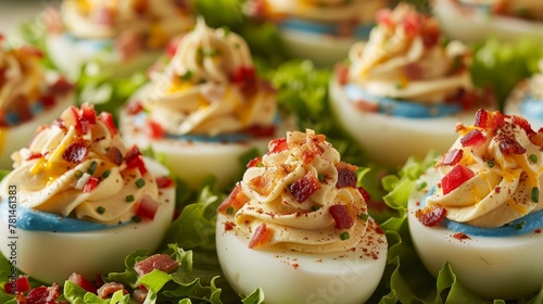Deviled eggs topped with bacon, garnished with paprika and chives, on a fresh lettuce bed. Gourmet appetizer concept