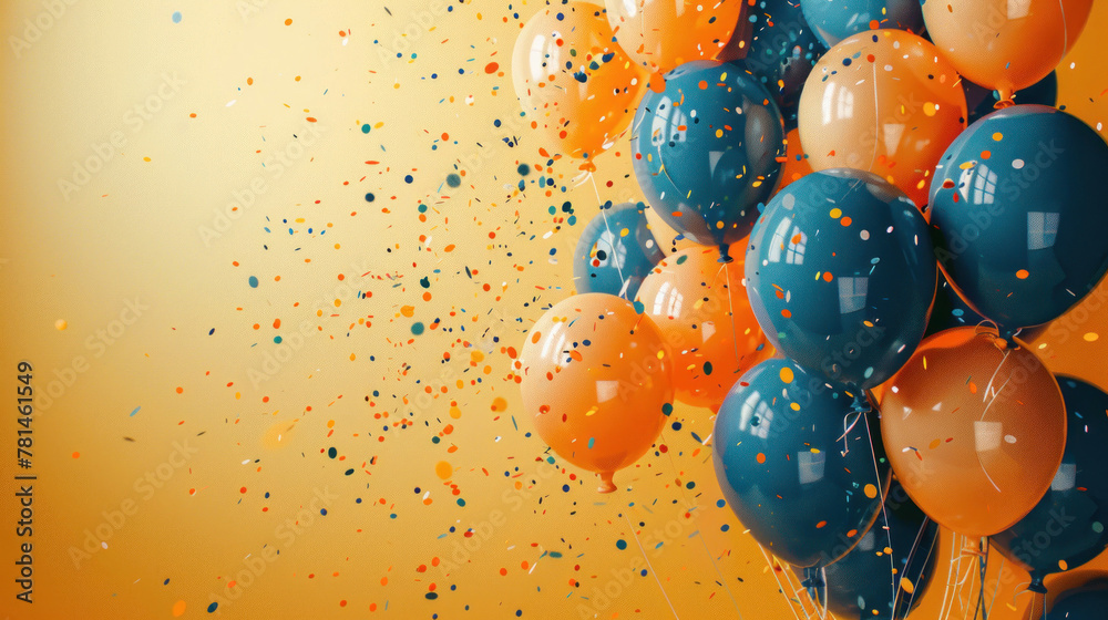 An abundance of orange and blue balloons cluster with a shower of ...