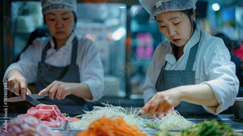 Salad cafe in Korea, two female employees focusing intently on their tasks. Sharp chef knife in hand, delicately julienning ingredients