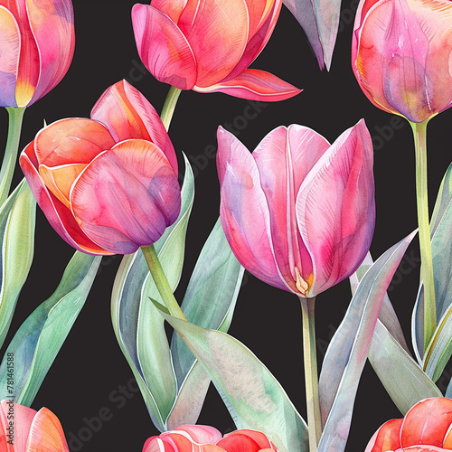 Seamless pattern with tulips. Hand drawn watercolor illustration. photo
