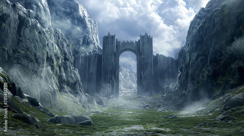 Enormous Fantasy castle walls and a huge stone gate blocking a pass between two mountains