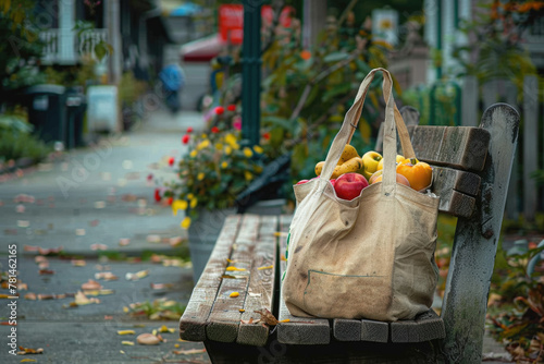 Cotton grocery tote bag with fresh vegetables, fruits, ai generated © dark_blade