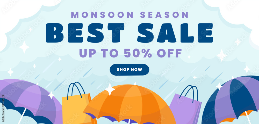 Flat horizontal banner template for monsoon season sale