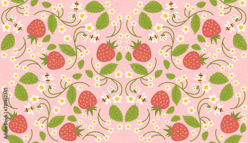 Seamless pattern design showcasing strawberries, sweet berries, flowers, green foliage, and a small bee. Recurrent surface design suitable for clothing, fabrics, gift wrapping, and other applications.