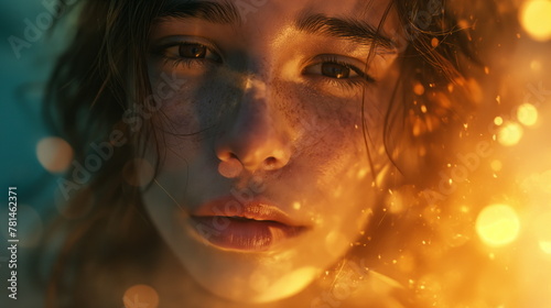 Tranquil woman enjoys a moment in the sunset, her face illuminated by warm, golden light