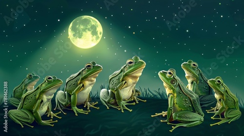 A chorus of musical frogs under a spotlight moon, giving a nightly performance, isolate on soft color background photo
