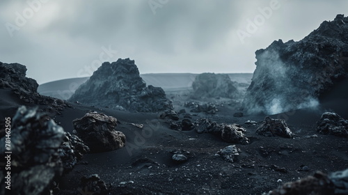 Volcanic rocks strewn across a vast landscape with mountains under a dramatic, cloudy sky