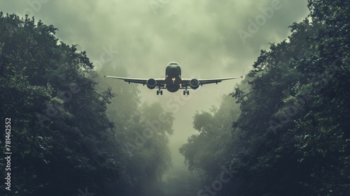 A plane flies above woodland