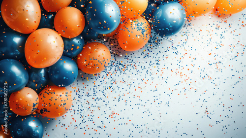 Festive background with a cluster of orange and blue balloons surrounded by scattered colorful confetti