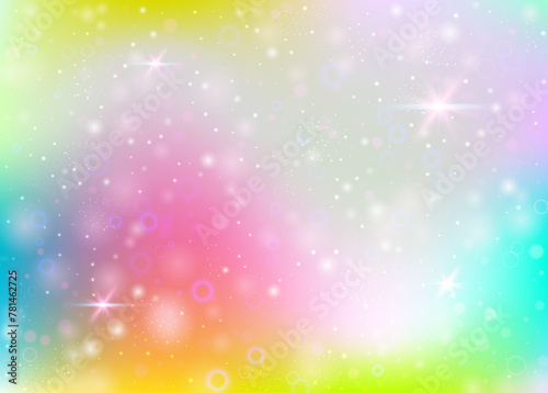 Unicorn background with rainbow mesh. Colorful universe banner in princess colors. Fantasy gradient backdrop with hologram. Holographic unicorn background with magic sparkles, stars and blurs.