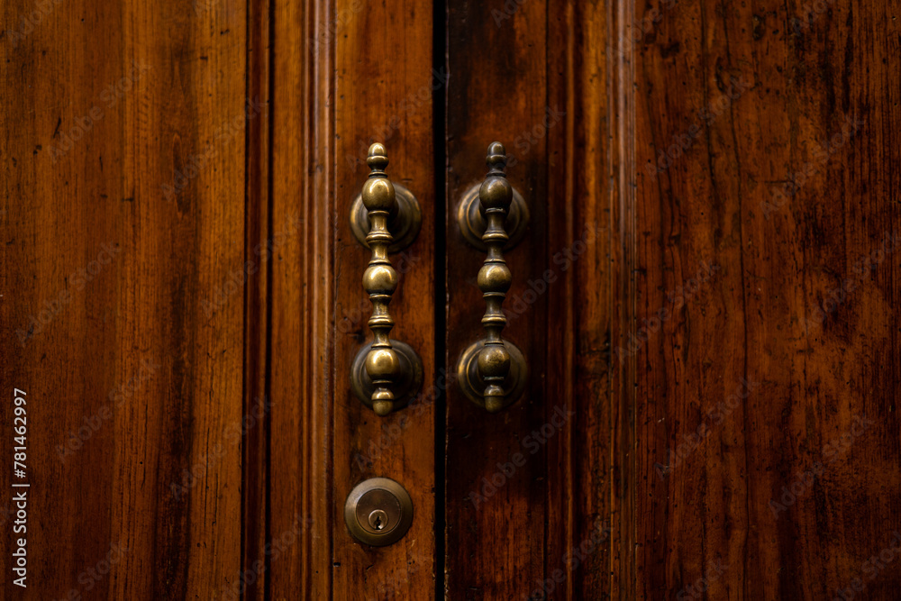 Obraz premium Old brown wooden door with antique handles, detail of a door. Metal knocker on a door
