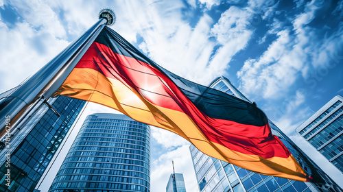 Germany national flag and government building with skyscrapers.