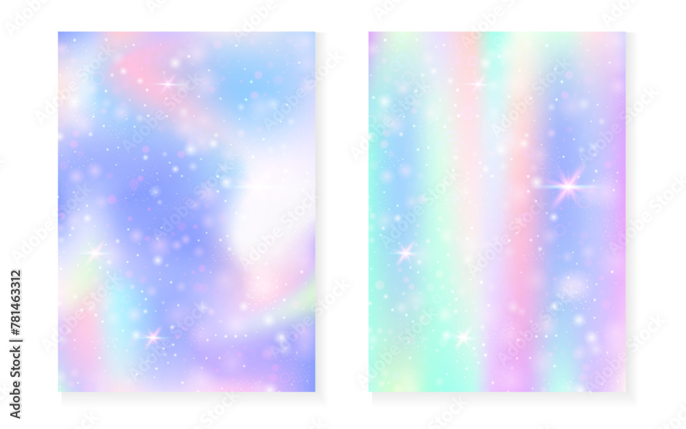 Princess background with kawaii rainbow gradient. Magic unicorn hologram. Holographic fairy set. Trendy fantasy cover. Princess background with sparkles and stars for cute girl party invitation.