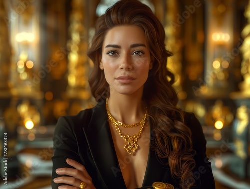 A woman wearing a gold necklace and a black jacket. She is standing in front of a gold background
