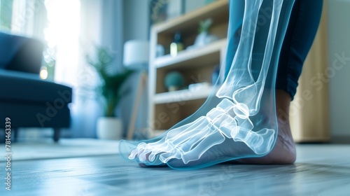 Visual representation of an x-ray of human feet on a wooden floor. Medical technology and health concept in a domestic environment photo
