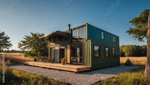 Contemporary modular home crafted from repurposed shipping containers, basking in sunlight on a vibrant summer day.