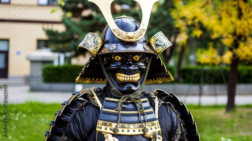 Colorful samurai armor with fierce mask in outdoor setting. Traditional Japanese warrior attire concept