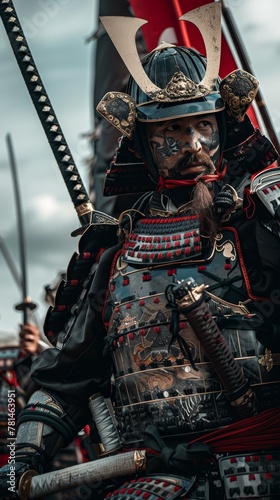Samurai warrior in full armor holding katana with sky background. Authentic Japanese samurai concept