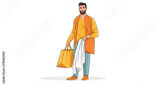 Indian man with purchases flat line color vector ch