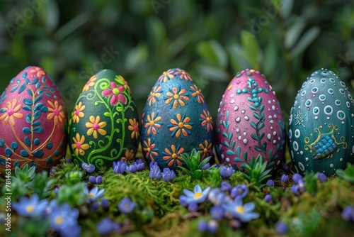 Artistically decorated Easter eggs nestled among spring flowers and moss, embodying the essence of spring photo