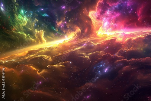 An image showcasing a vibrant and varied expanse of clouds in a celestial space, A surreal image of space painted with thousand rainbow hues, AI Generated photo