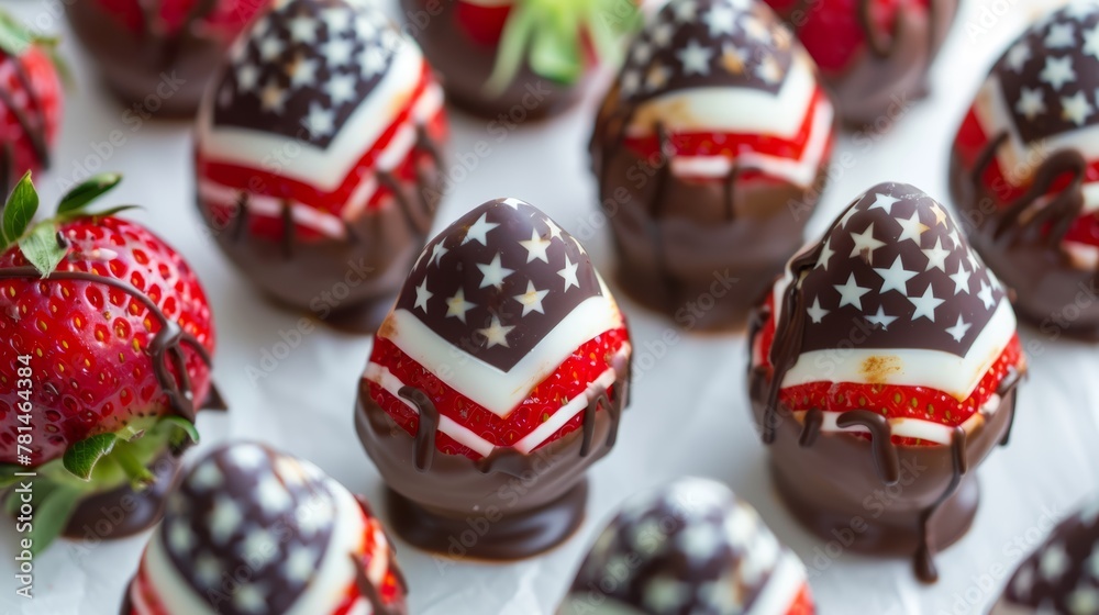 Chocolate-covered strawberries with patriotic American flag design on a white plate