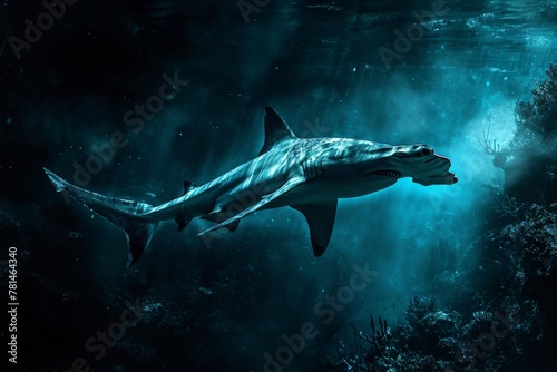 A large shark gracefully moves through the deep blue ocean, showing its strength and power, A surreal scene showcasing a hammerhead shark in the deep ocean, AI Generated © Ifti Digital