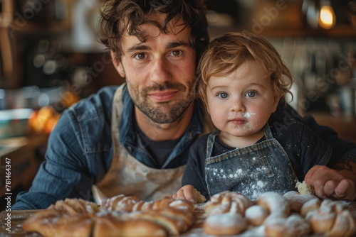 A smiling father and his toddler enjoy a baking activity, radiating joy and familial warmth in the kitchen