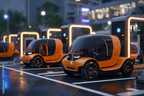 A parking lot filled with a group of orange electric cars parked neatly and efficiently, A swarm of autonomous electric vehicles at a city charging station, AI Generated
