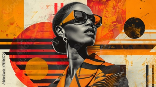 Stylish african woman in sunglasses with abstract background: artistic poster featuring a modernist abstract collage with a fashionable african woman donning sunglasses