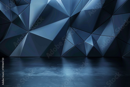 Dark Blue Geo-Patterned Background With Polished Metal Floor