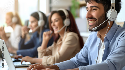 computer supporter sitting in call center with headset on at computer and smiling