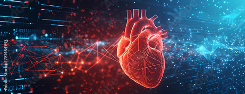 human heart with 3d technology  background,  data lines visualization, kinetic elements, vibrant scheme, scientific diagrams, advanced medical technology, scales, charts, cinematic  #781464933