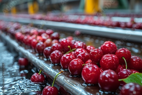 Fresh  red  water-drenched cherries rolling on a conveyor belt  with water drops reflecting cleanliness