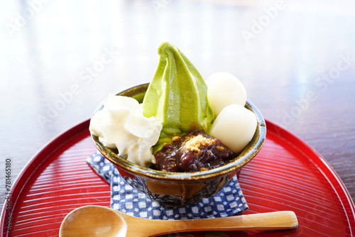 Matcha Ice Cream with Mochi, Japanese sweets - 抹茶ソフトクリーム 白玉 和菓子	 photo