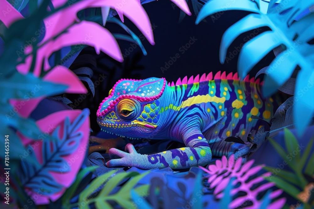 A strikingly colorful chameleon stands out among deep blue and pink tropical foliage, creating a captivating view - obrazy, fototapety, plakaty 