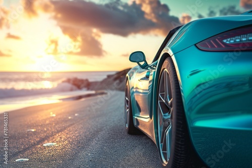 This photo features a detailed shot of a car driving on a road alongside the ocean, A teal sports car on a sunlit coastal road, AI Generated © Ifti Digital
