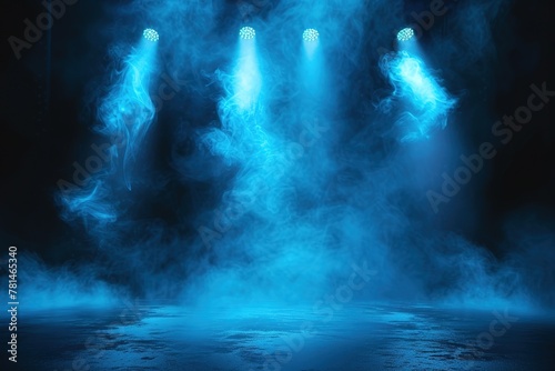 Illuminated stage with scenic lights and smoke. Blue vector spotlight with smoke volume light effect on black background. Stadium cloudiness projector