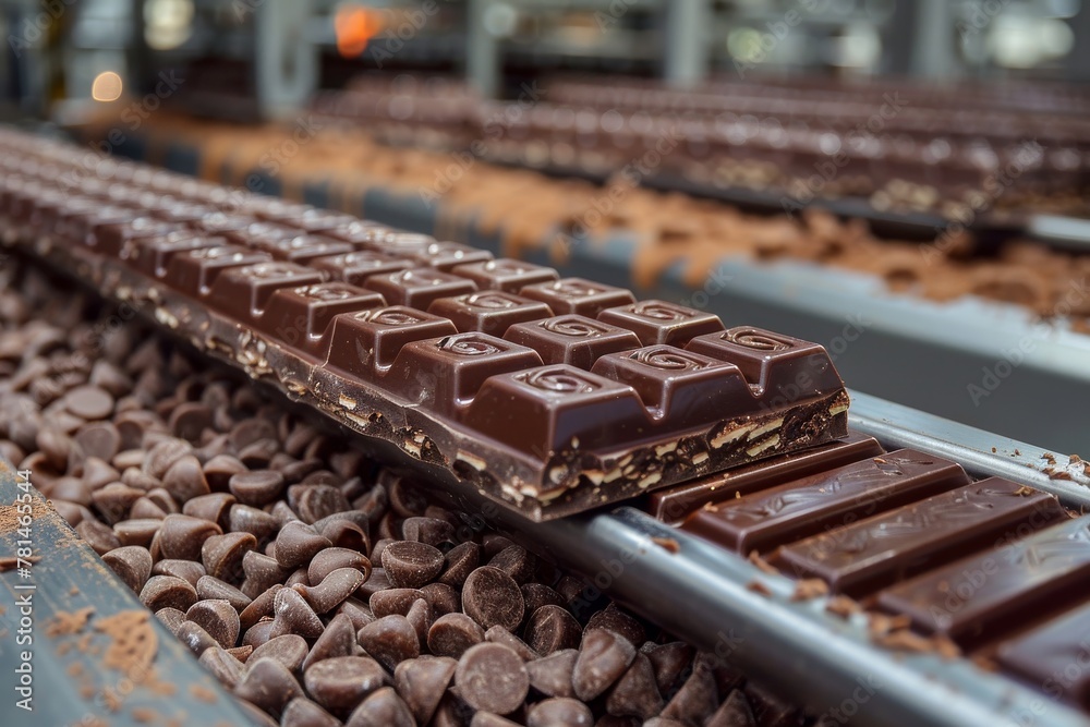 Finished chocolate bars on a conveyor belt with scattered cocoa beans, depicting the process from raw material to final product Finished chocolate bars on a conveyor belt with scattered cocoa beans, depicting the process from raw material to final product