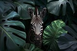 Zebra gracefully navigating through a dense jungle surrounded by exotic leaves in a vintage style wallpaper
