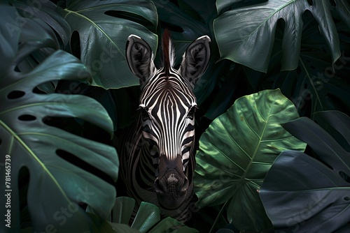 Zebra gracefully navigating through a dense jungle surrounded by exotic leaves in a vintage style wallpaper photo