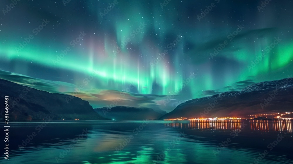beautiful landscape of the green Northern Lights seen from a lake at night in high resolution and quality