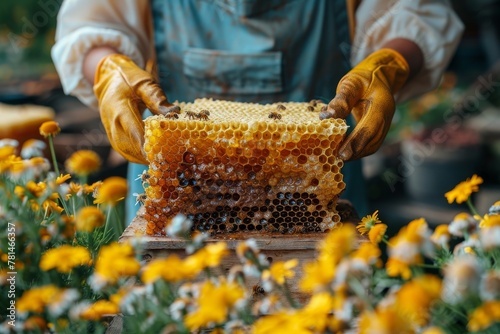 Image of beekeeper with bees on the honeycomb surrounded by vibrant flowers showing pollination process