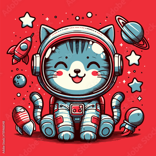 Fototapeta Naklejka Na Ścianę i Meble -  Astronaut Cat's Red Tone Universe Exploration
