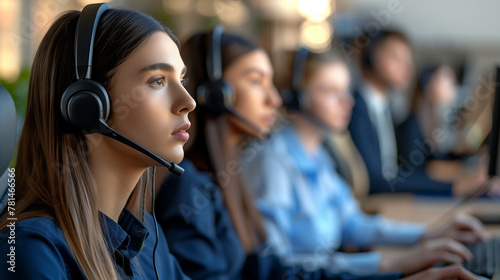 Computer supporter sitting in call center with headset on at computer and smiling, a webcare lady, brunette, with headse